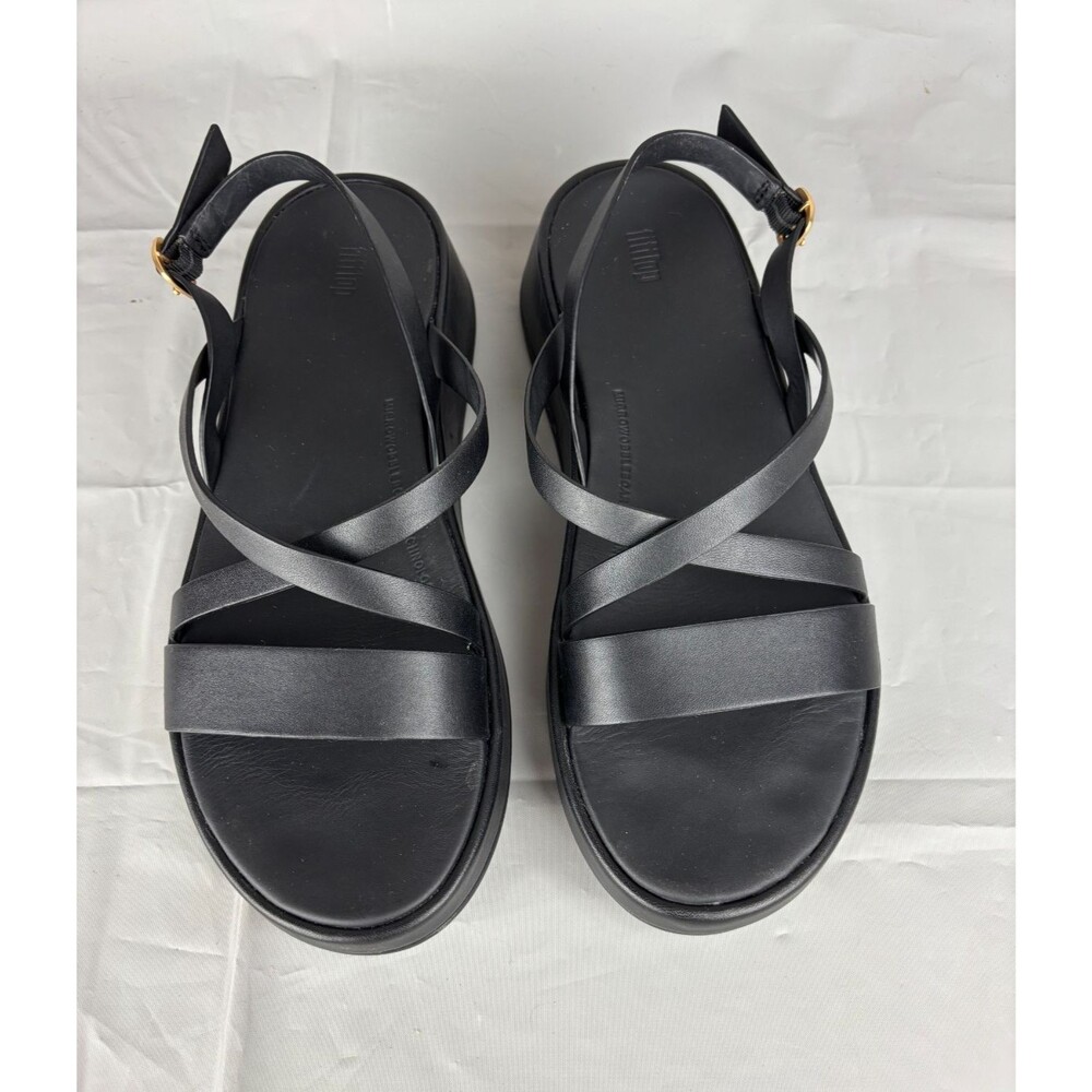 FitFlop F-Mode Leather Flatform Strappy Back-Strap Sandals Women's 8 Black Wedge - Picture 6 of 13